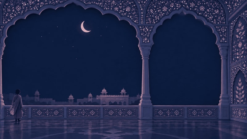 The Sheesh Mahal at Amber Fort seen through one wide arch at dusk.