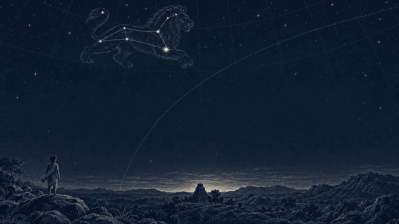 An engraved star atlas plate with Leo rising over the eastern horizon.