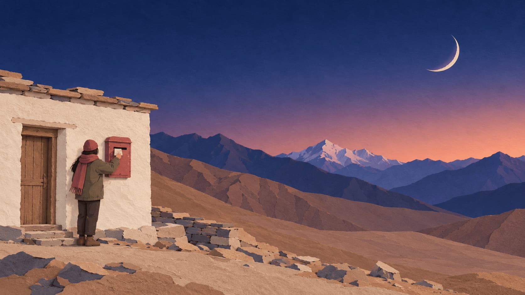 A person posting a letter at the small whitewashed Hikkim post office on a Spiti mountainside at dusk, a crescent Moon above the peaks