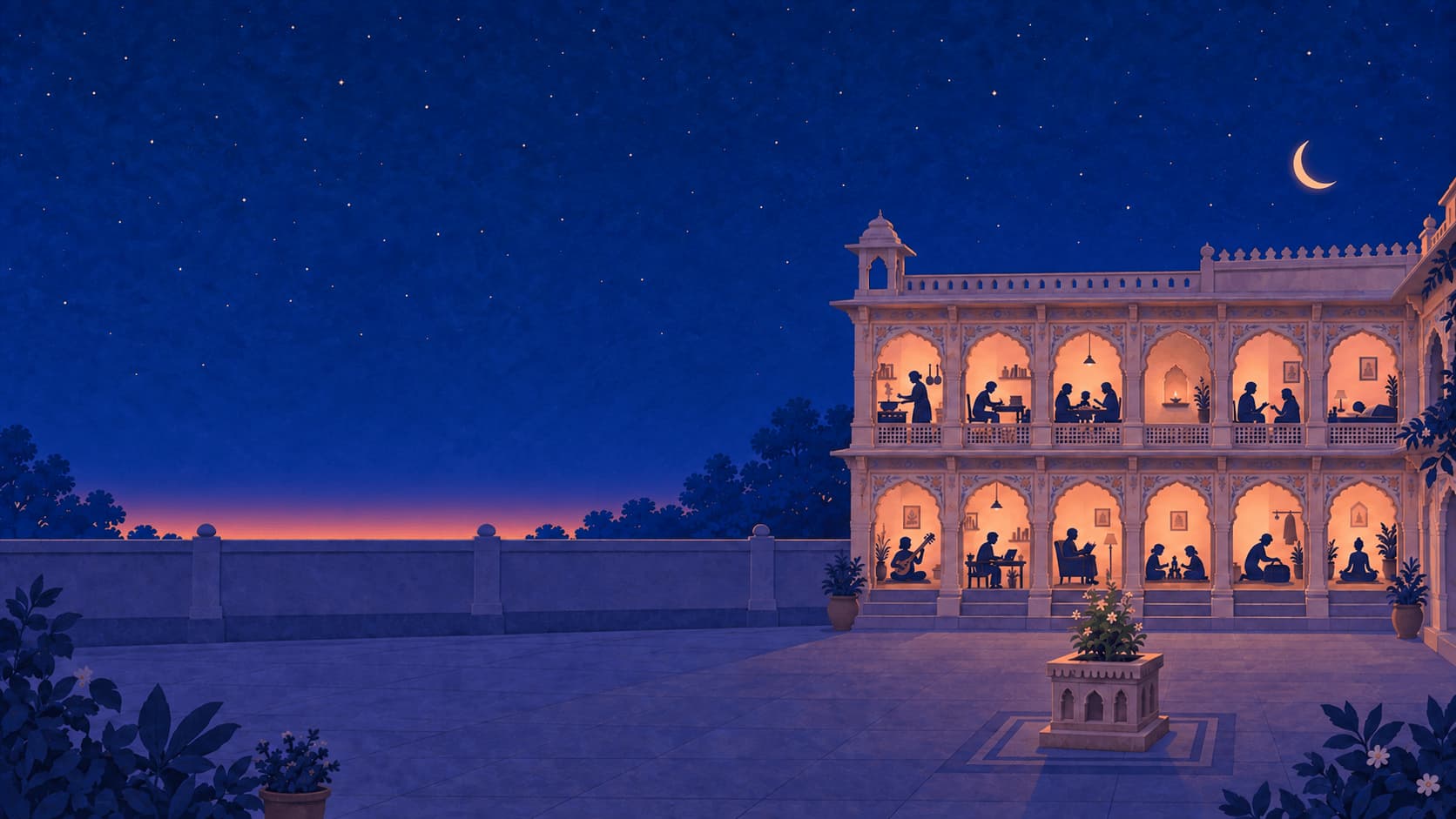 Cut-paper print of a Shekhawati haveli at dusk, its twelve lit rooms each holding a different part of everyday life, under a crescent Moon.