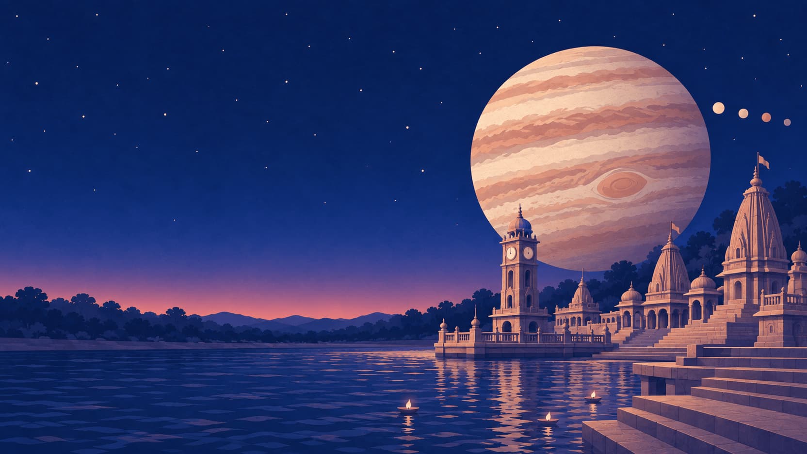 Cut-paper print of Har Ki Pauri at Haridwar at night, with a large Jupiter rising over the temples and the clock tower above the Ganga.