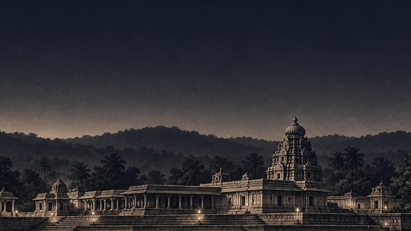 The Sharada Peetham at Sringeri across the Tunga river at dusk, drawn as a mezzotint.