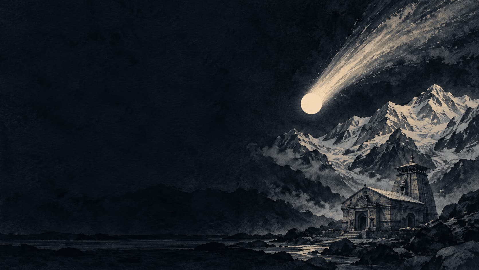 Ink wash painting of Kedarnath Temple under the snow peaks at night, with Ketu as a comet above the peaks.