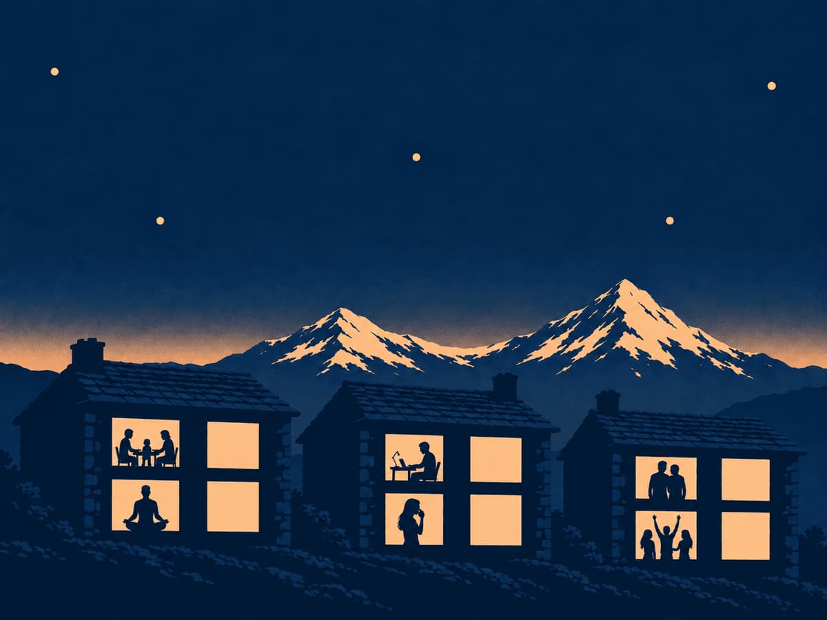 Two-ink print of three stone houses on a hillside at dusk below twin snow peaks, their twelve lit windows showing a family meal, a person at a desk, a couple, a man meditating, a young woman on a call and three friends celebrating.