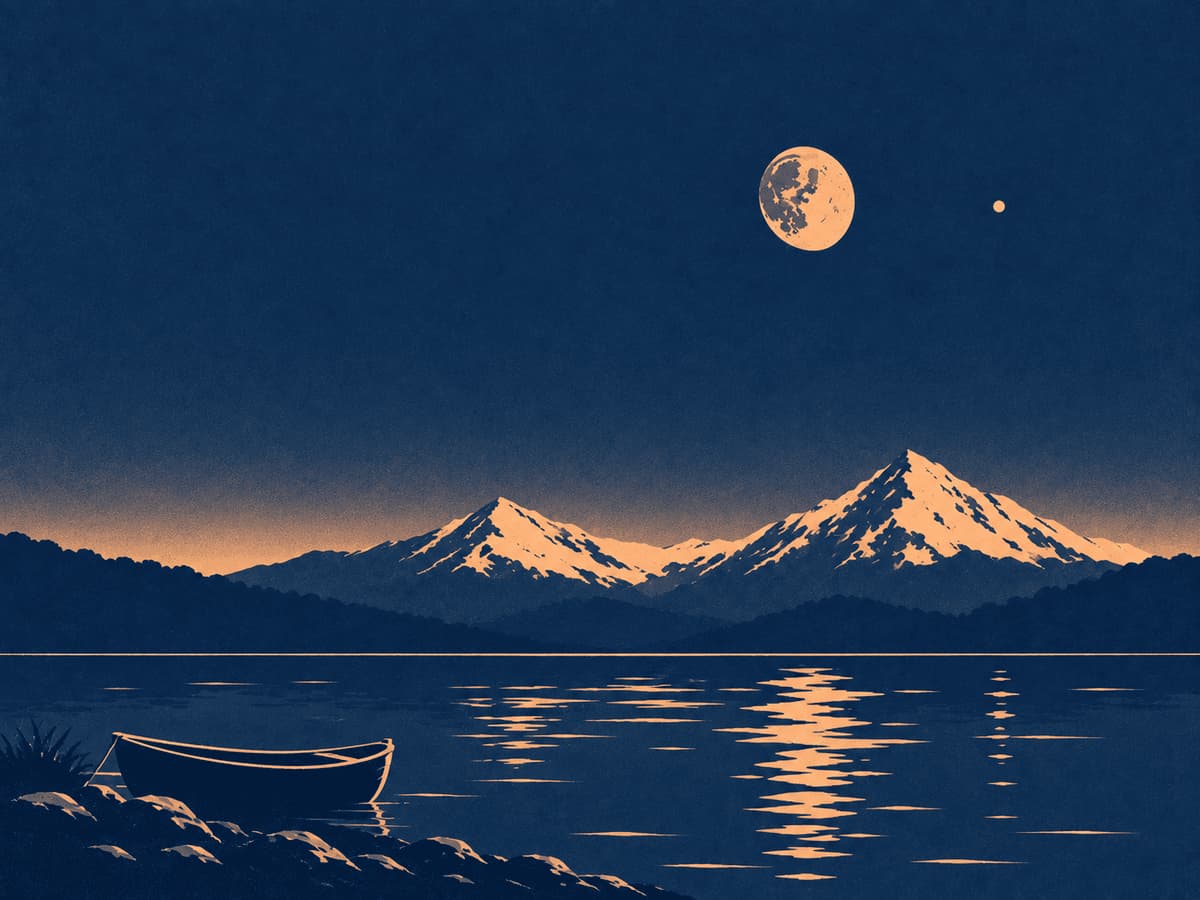 Two-ink print of a still mountain lake at night with a rowing boat by the shore, the Moon and one bright star beside it reflected in the water below the snow peaks.
