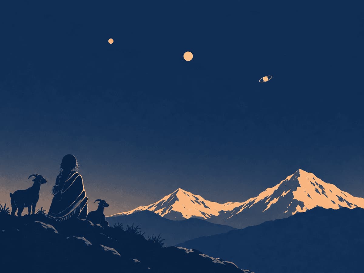Two-ink print of a young shepherd girl sitting with two goats on a mountain ridge at dusk, looking up at Mars, Jupiter and ringed Saturn along one arc above twin snow peaks.