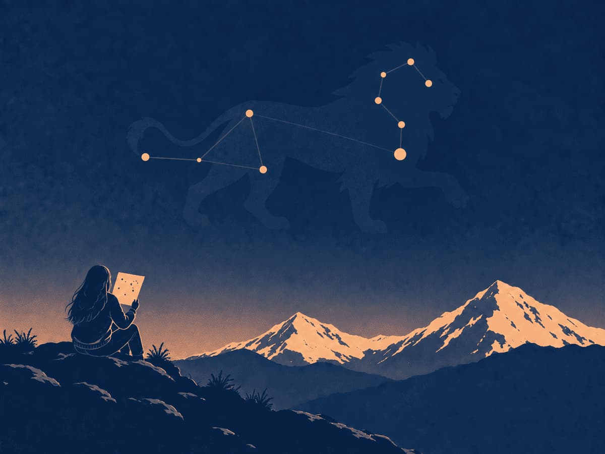 Two-ink print of a young woman on a rocky ridge at dusk, holding up a star map to match it against the constellation Leo, its stars joined by faint lines over the faint shape of a lion, above twin snow peaks.