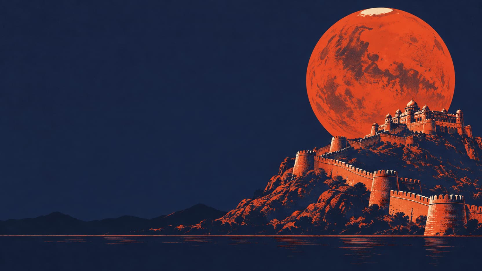Two-colour screenprint of the walls of Kumbhalgarh Fort over the Aravalli ridges, with a large Mars rising above them.