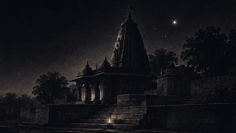 The Mangalnath temple above the Shipra river at Ujjain at night, drawn as a mezzotint.