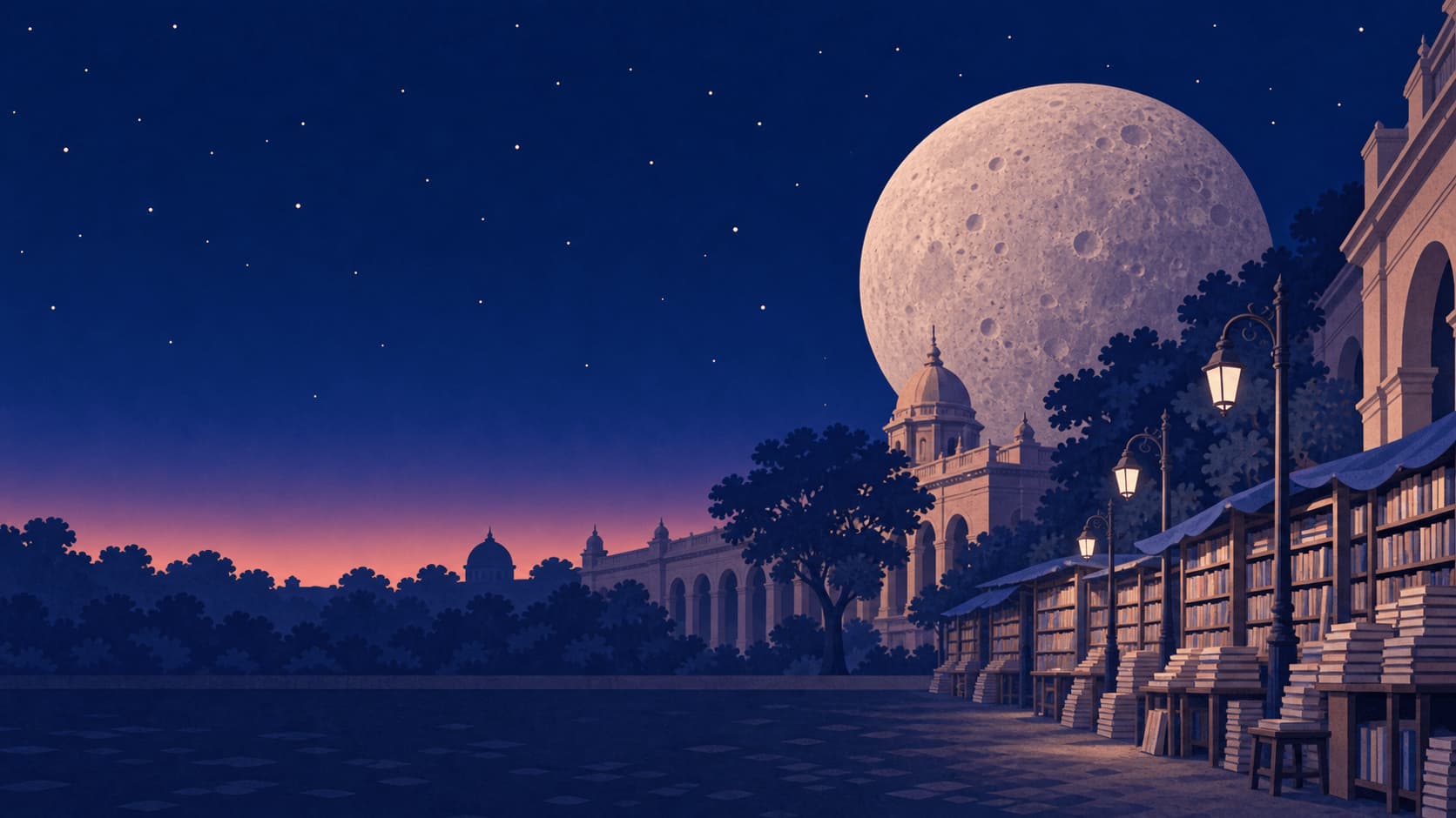 Cut-paper print of the book stalls of College Street in Kolkata at dusk, with a large Mercury rising above the rooftops.