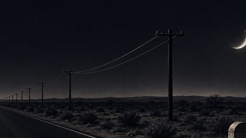 A straight desert road at night with telegraph poles along it, drawn as a mezzotint.