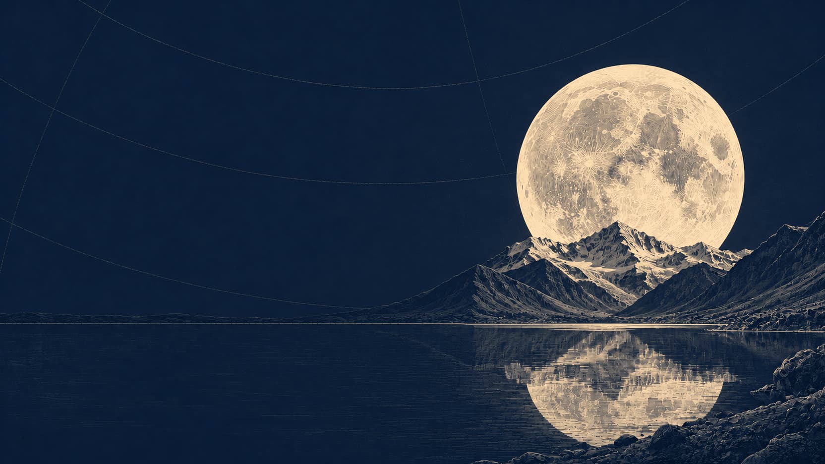 Star atlas engraving of Chandra Tal in Spiti, with a large full Moon rising between the peaks and reflected in the lake.