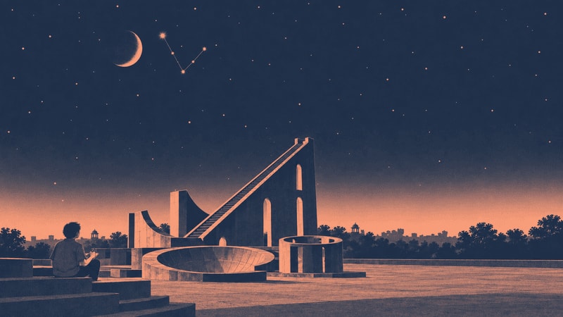 A teenager sketching on the steps of the Jantar Mantar in Jaipur under the Moon and Rohini.