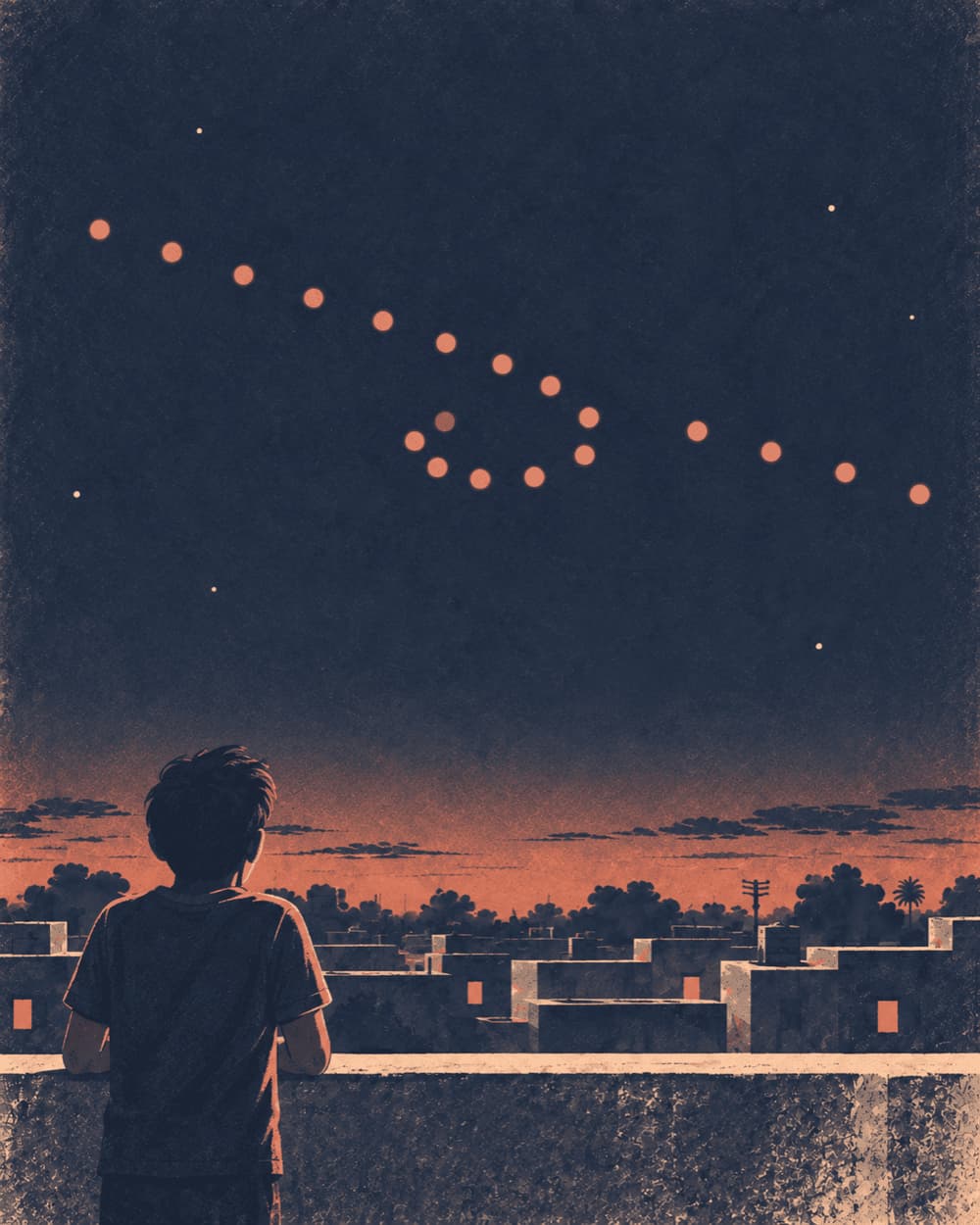 A teenager on a rooftop at night watching Mars, drawn as a string of dots that moves forward, loops back and moves forward again.