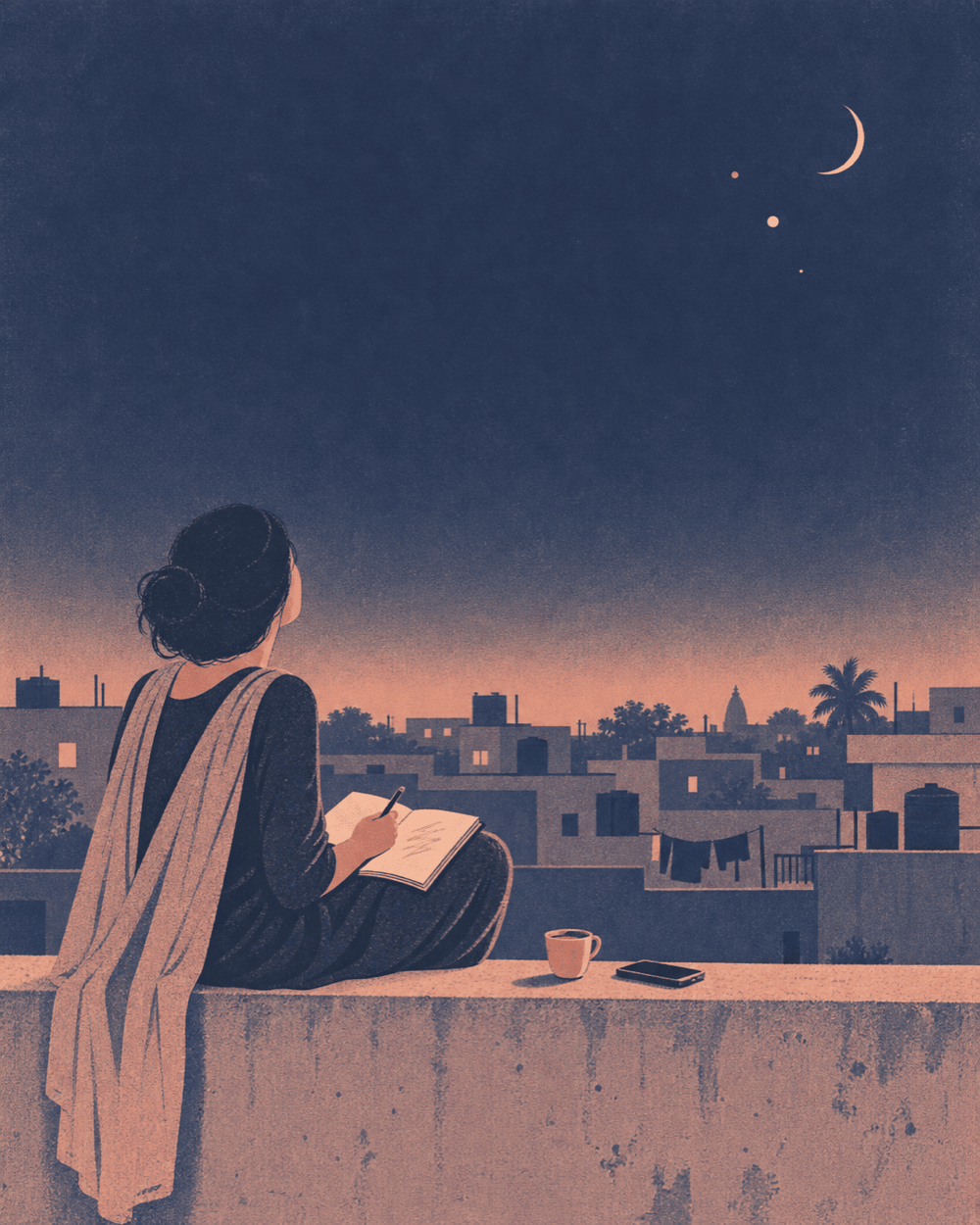 A young woman sitting on a rooftop parapet at dusk with a journal and a cup of chai, looking up at the crescent Moon and two planets.