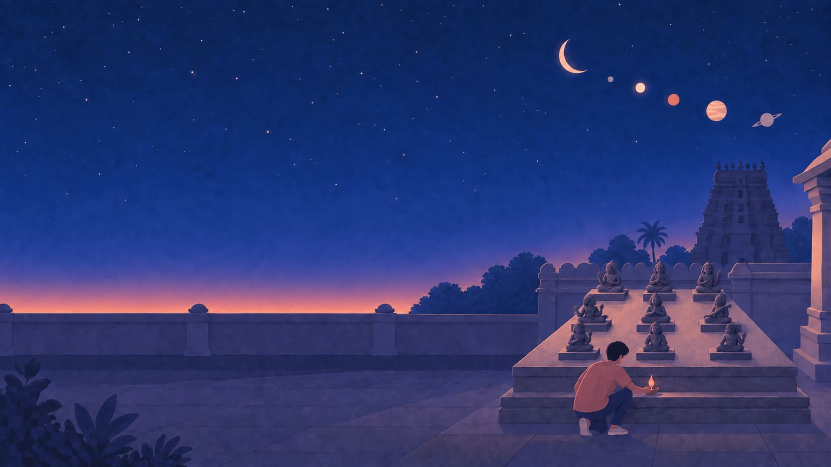 Cut-paper print of a young person lighting a lamp before the nine Navagraha idols in a South Indian temple courtyard at dusk, with the Moon and five planets on an arc above.