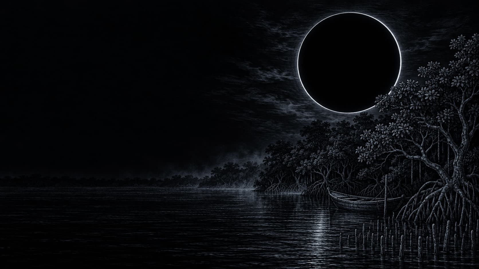 Scratchboard drawing of the Sundarbans mangroves in mist at night, with Rahu as a large dark disc rimmed in light above the trees.