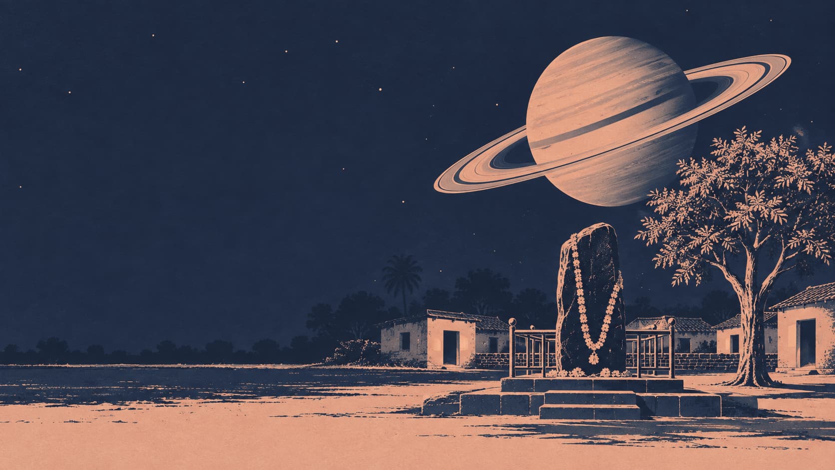Two-ink print of Shani's black stone at Shani Shingnapur, with a large ringed Saturn rising behind it.