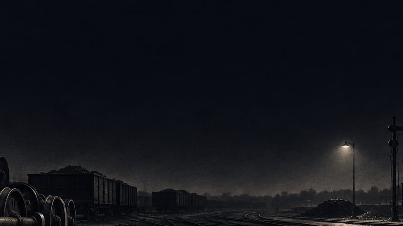 A railway goods yard at night with stacked iron wheels and a water tower, drawn as a mezzotint.