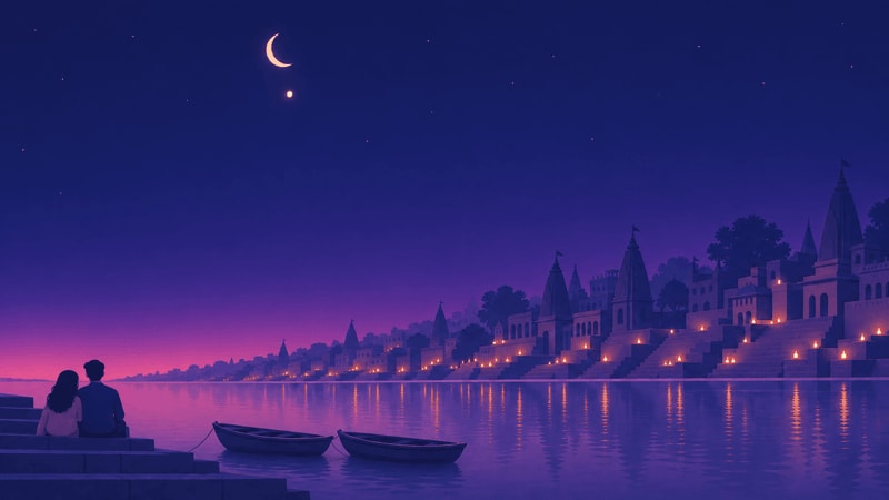 A couple on the Varanasi ghats at dusk with Venus as the evening star.