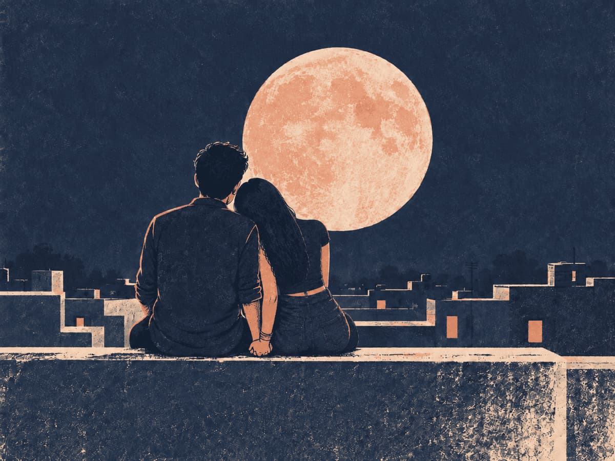 A couple sitting close on a rooftop ledge, holding hands, watching a full Moon rise