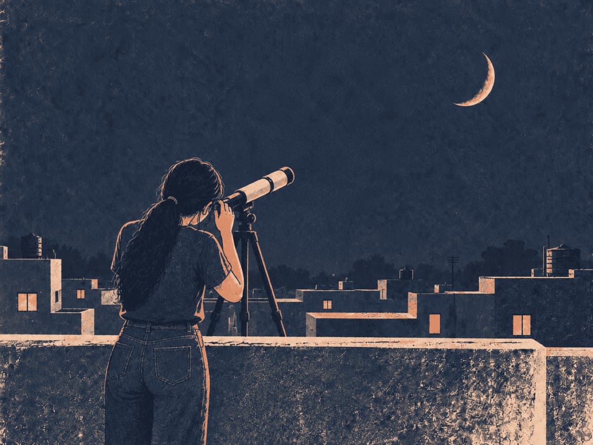 A young woman on a rooftop looking at a crescent Moon through a small telescope