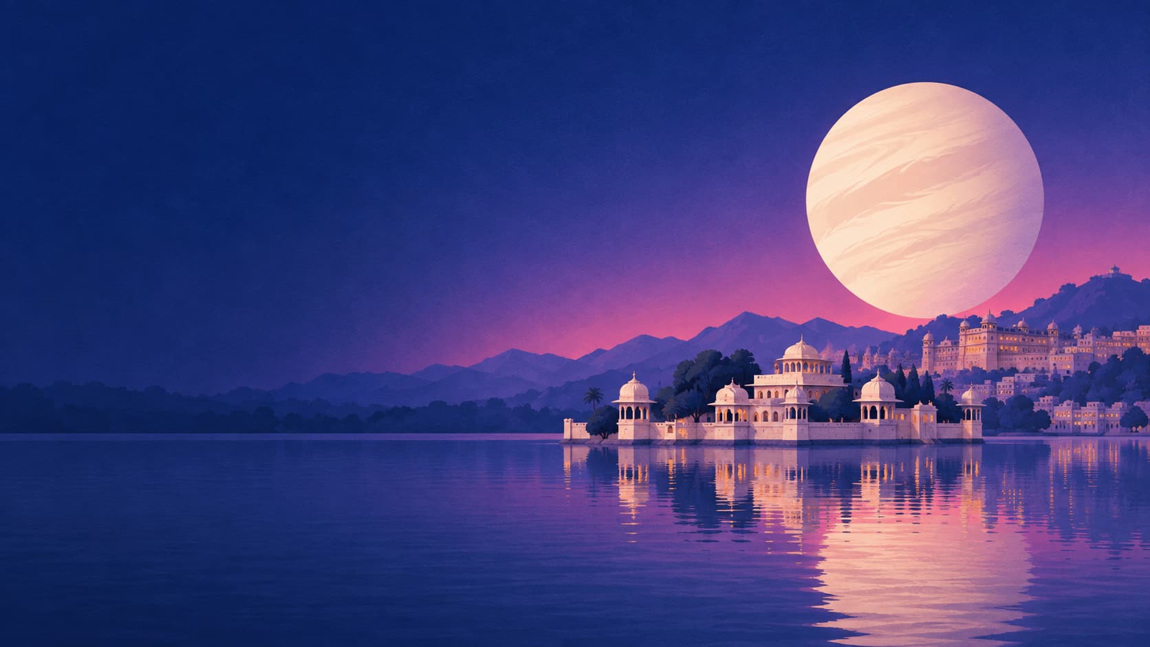 Dusk cut-paper print of Jag Mandir on Lake Pichola in Udaipur, with a large Venus rising over the lake.
