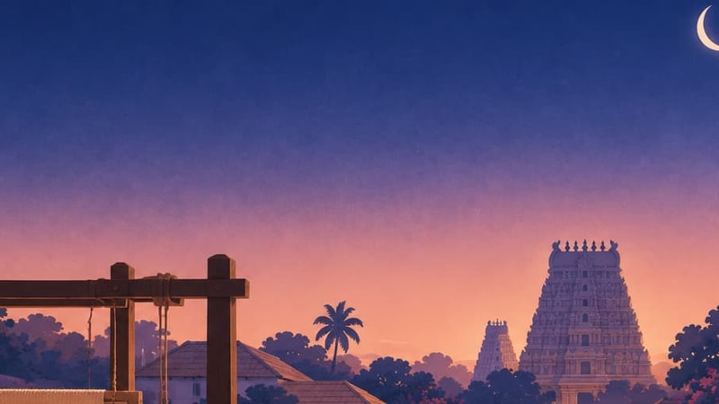 A silk weaver at a handloom in Kanchipuram at dusk, a temple gopuram down the lane, in cut paper.