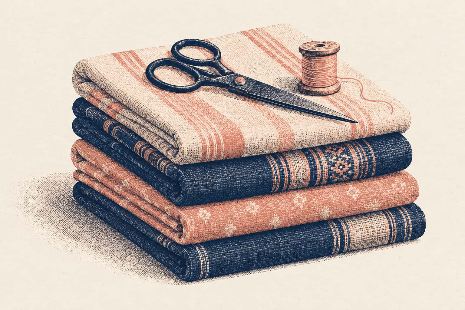 A stack of four folded handloom cloths in rose and night blue, with tailor's scissors and a spool of thread resting on top