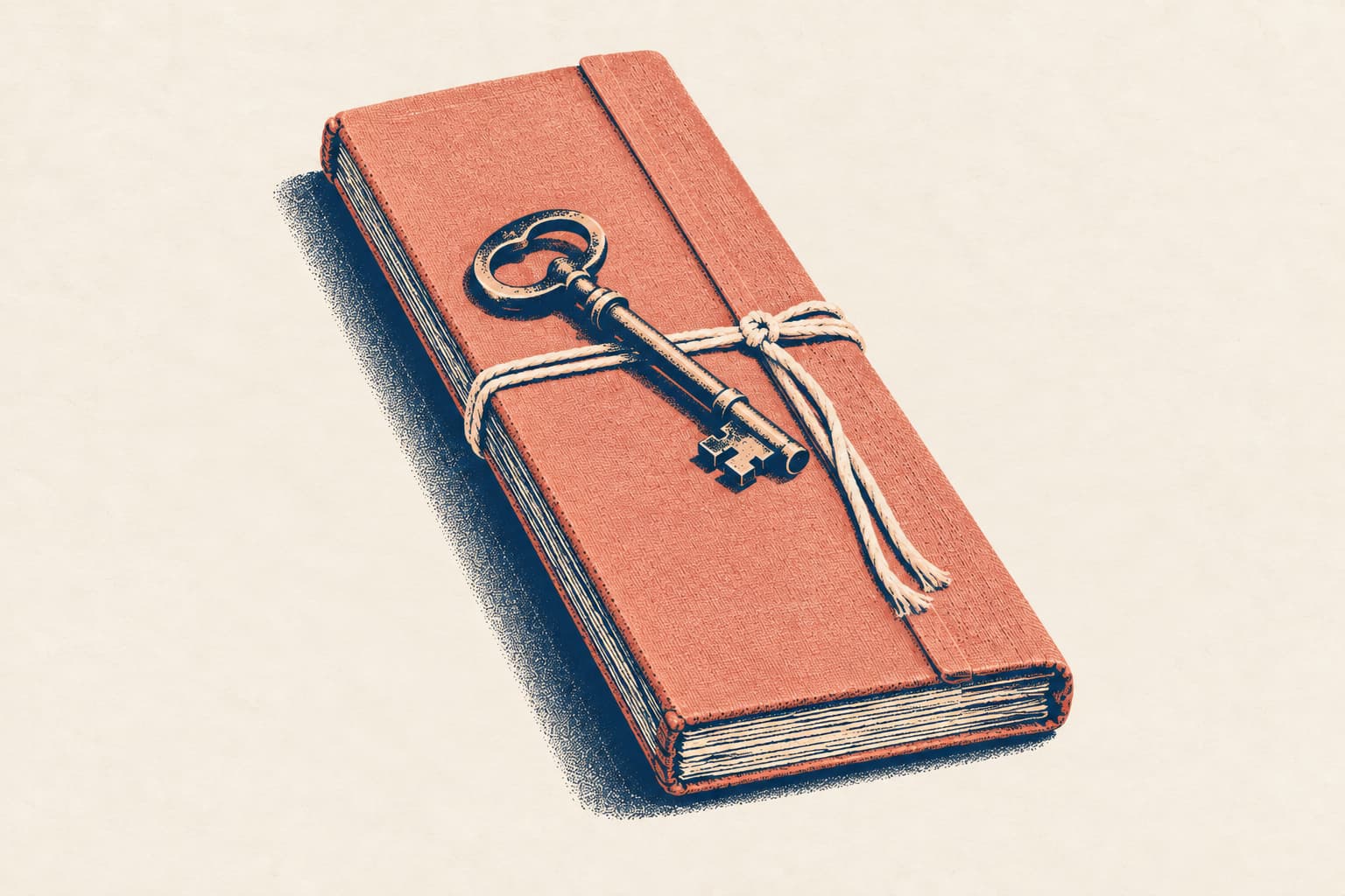 A red cloth-bound bahi-khata, the traditional Indian family account book, tied shut with white string, with an old key resting on it