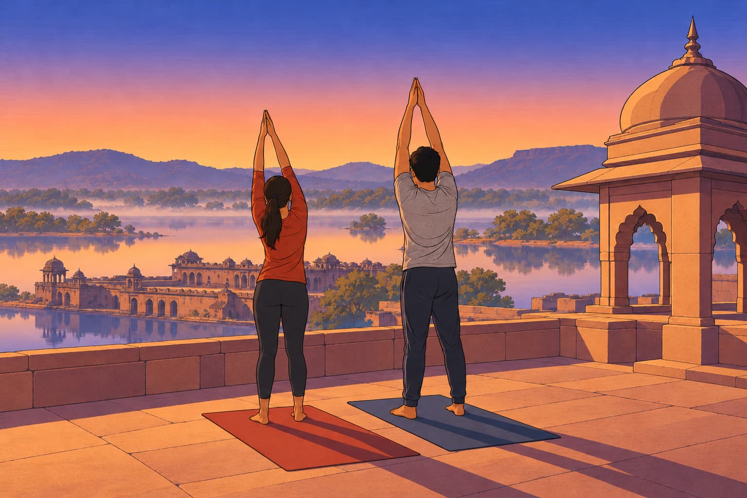 A young couple seen from behind doing the same standing yoga stretch on two mats on the stone roof terrace of the Jahaz Mahal at Mandu at first light, the lake and hills beyond