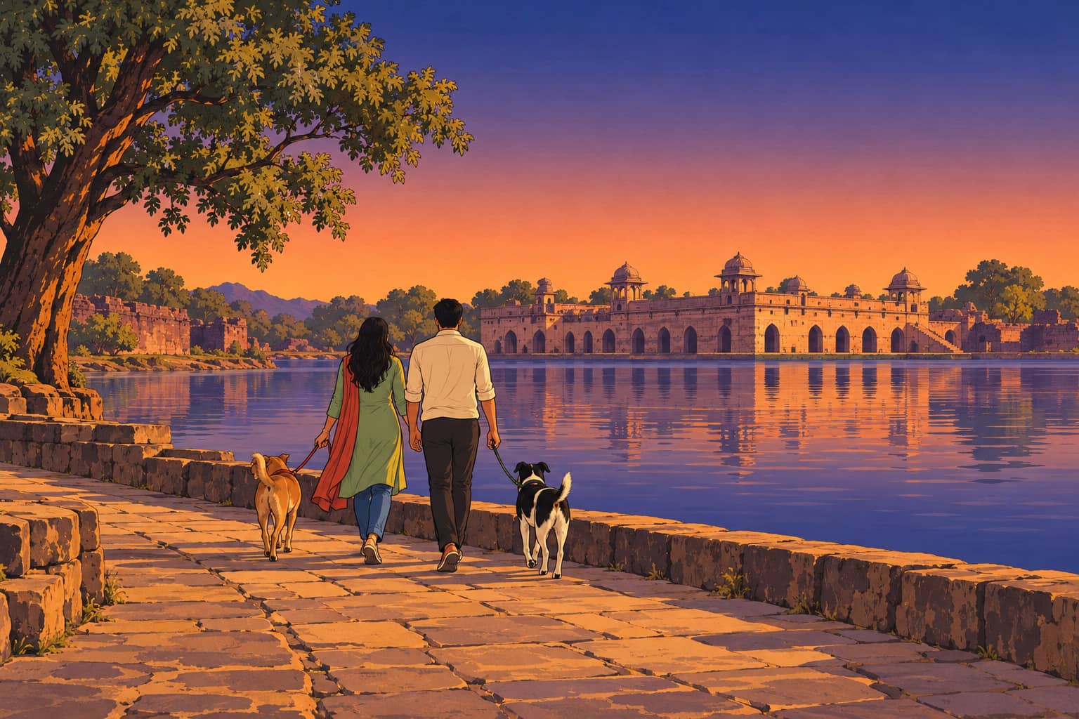 A young couple seen from behind walking two rescued street dogs on leashes along a stone lakeside path at Mandu in the late afternoon, the arched Jahaz Mahal across the water