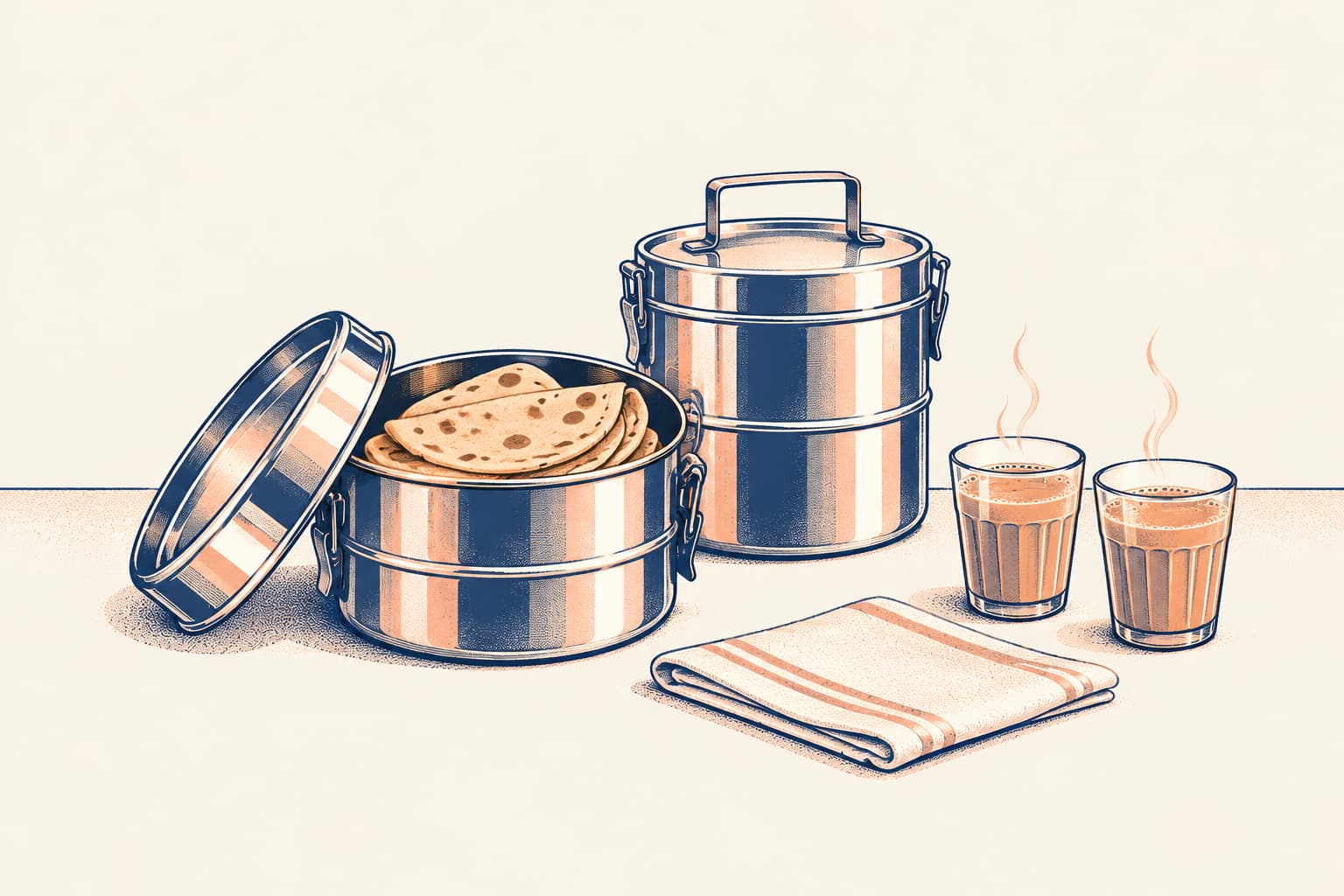 Two steel tiffin carriers, one open to show folded rotis, beside two glasses of chai on a kitchen counter
