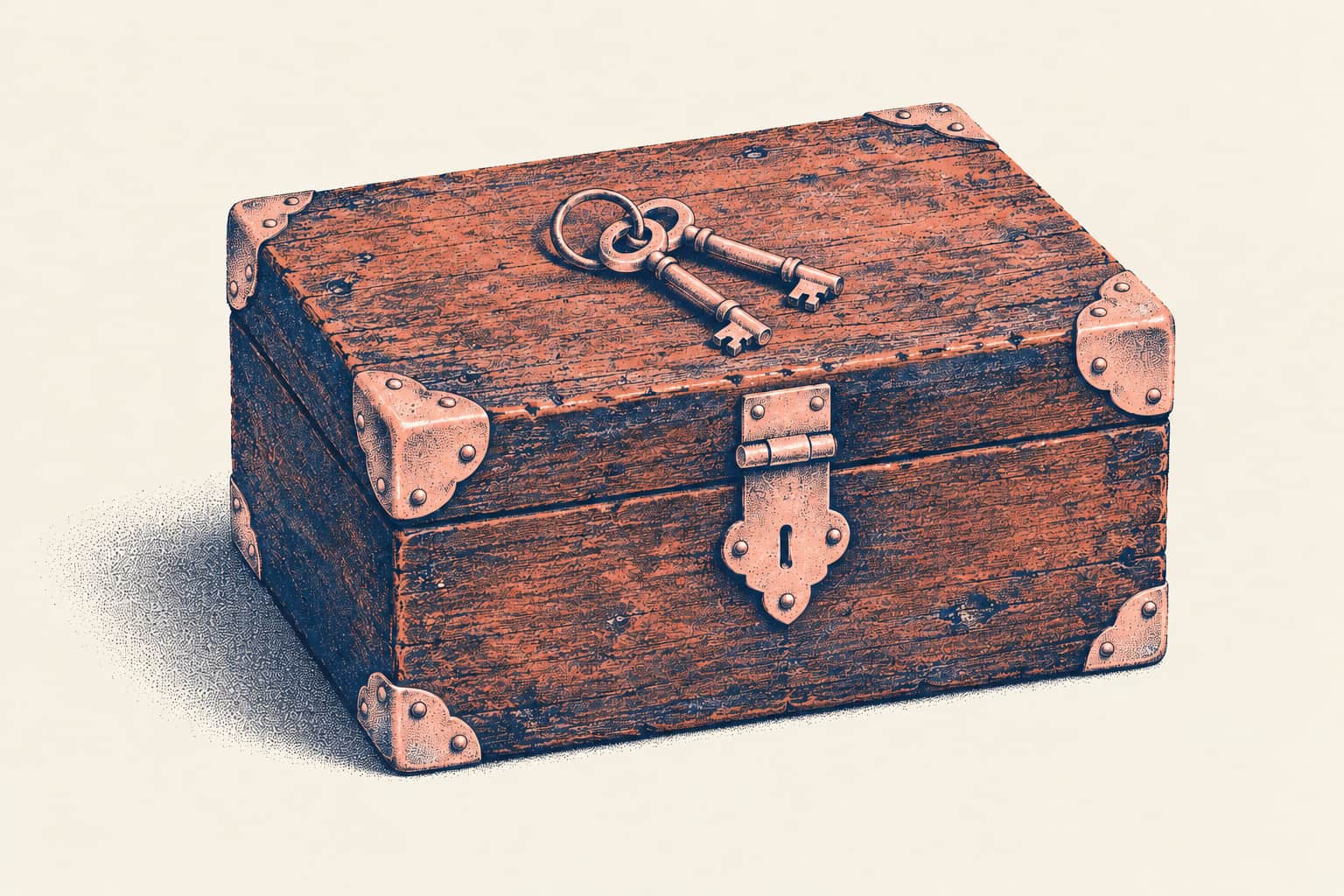 An old wooden strongbox with metal corner plates and a hasp, drawn in rose and night blue, with two identical keys on one ring resting on its lid