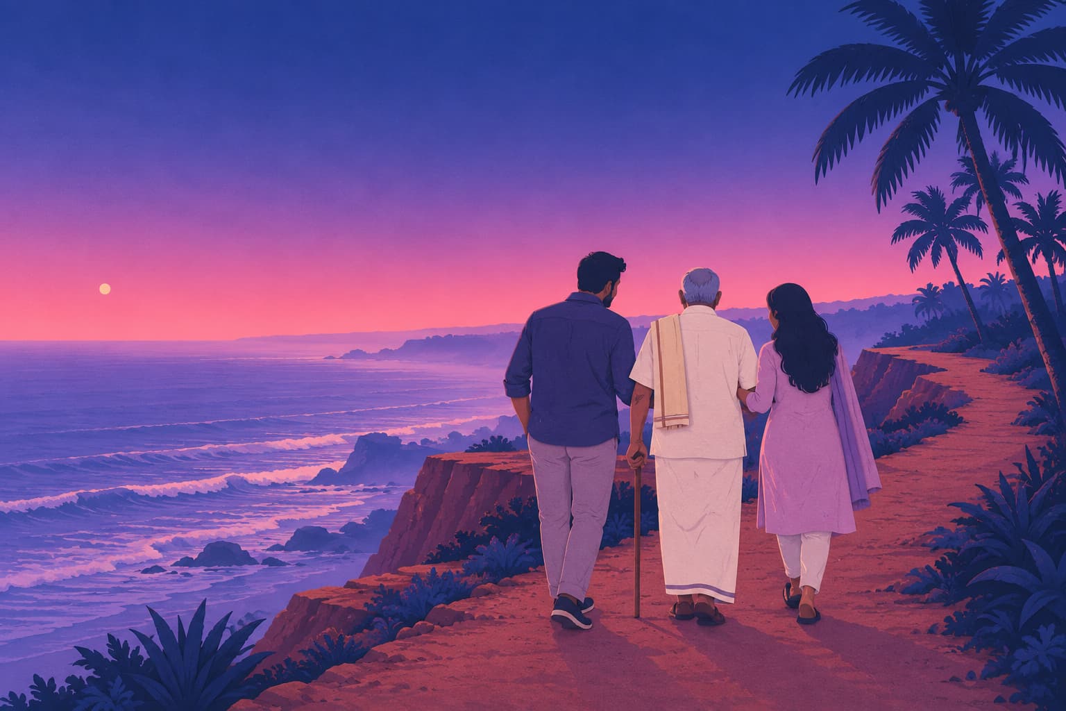 An older man in a white mundu with a walking stick strolling the Varkala cliff path at first light between a young woman and a young man, the Arabian Sea below on the left