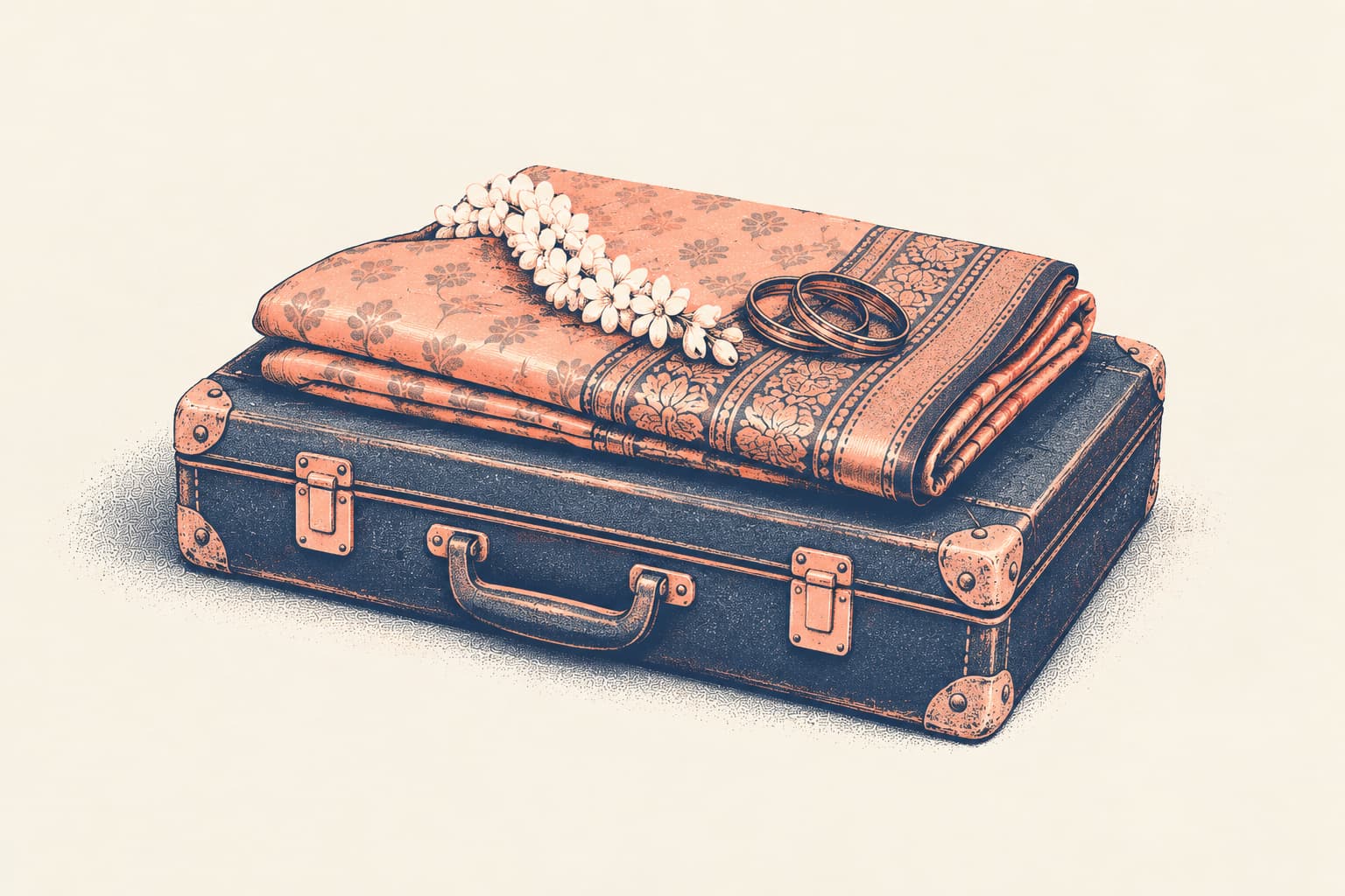 An old hard-shell suitcase with a folded silk wedding saree, a string of jasmine and two glass bangles resting on top