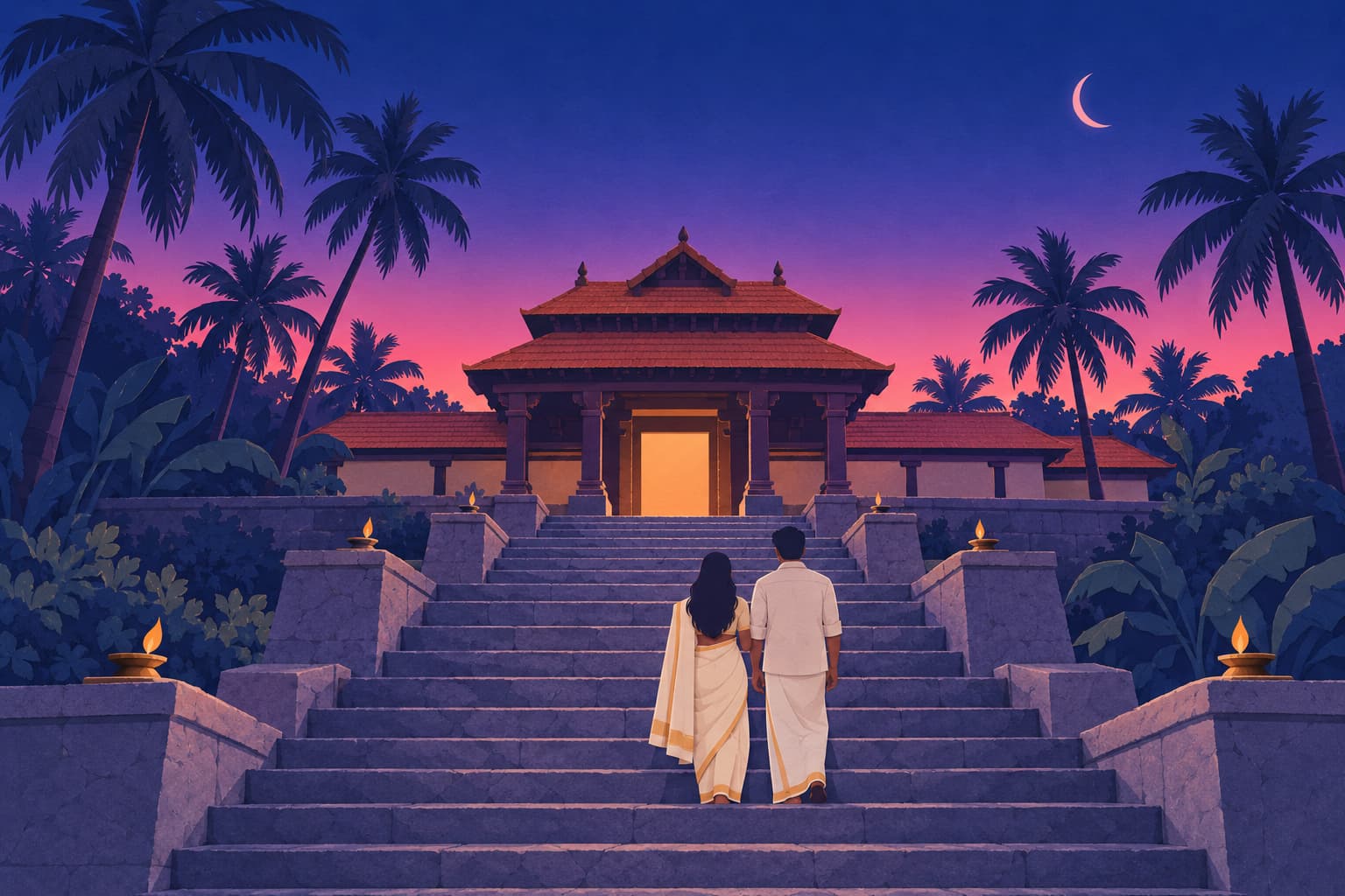 A young couple in a cream kasavu saree and a white mundu climbing the stone steps to a Kerala temple gateway at Varkala at dusk, oil lamps on the walls and a crescent Moon above the palms