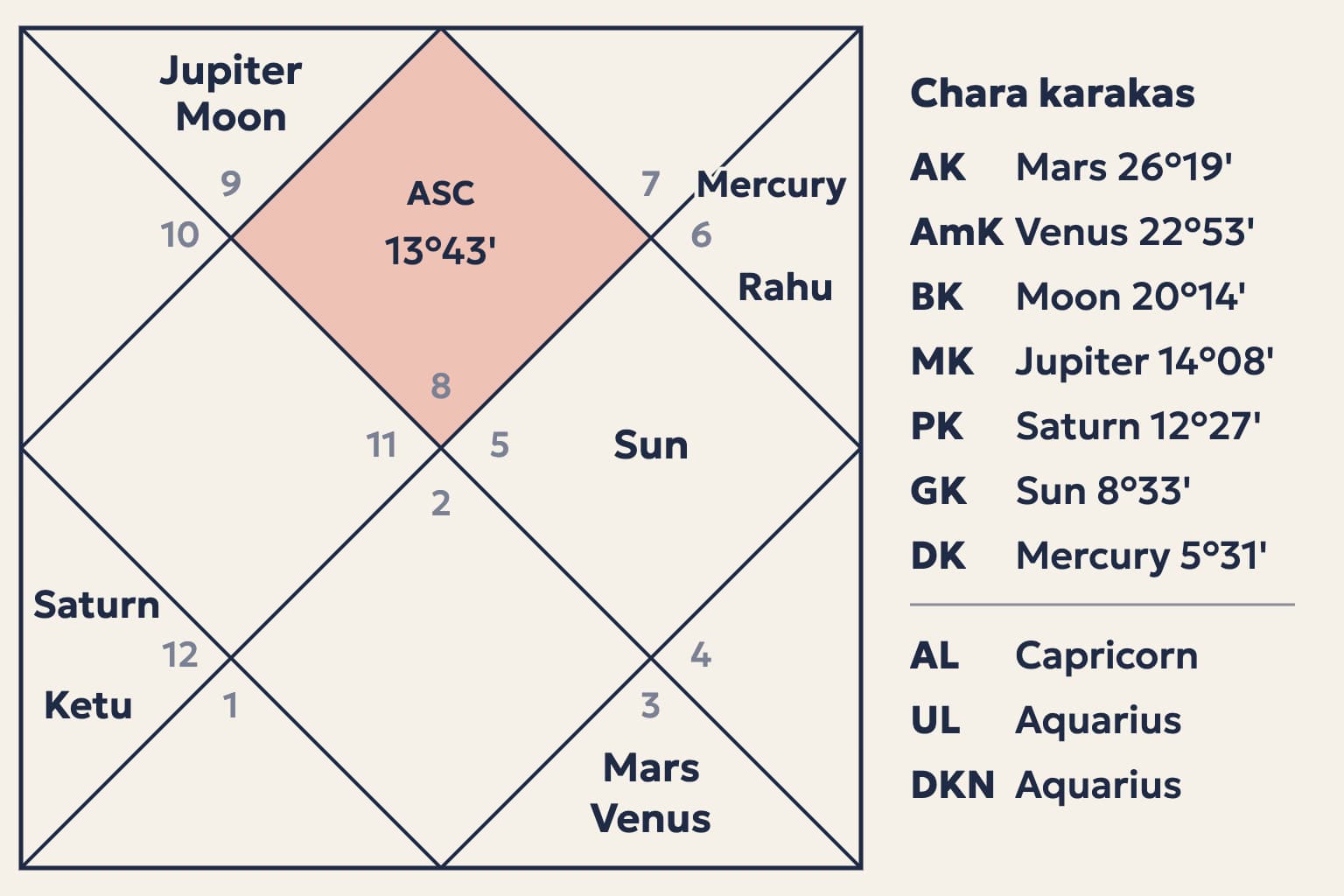 The sample chart in North Indian style, Scorpio rising, with each planet's sign, house and chara karaka marked