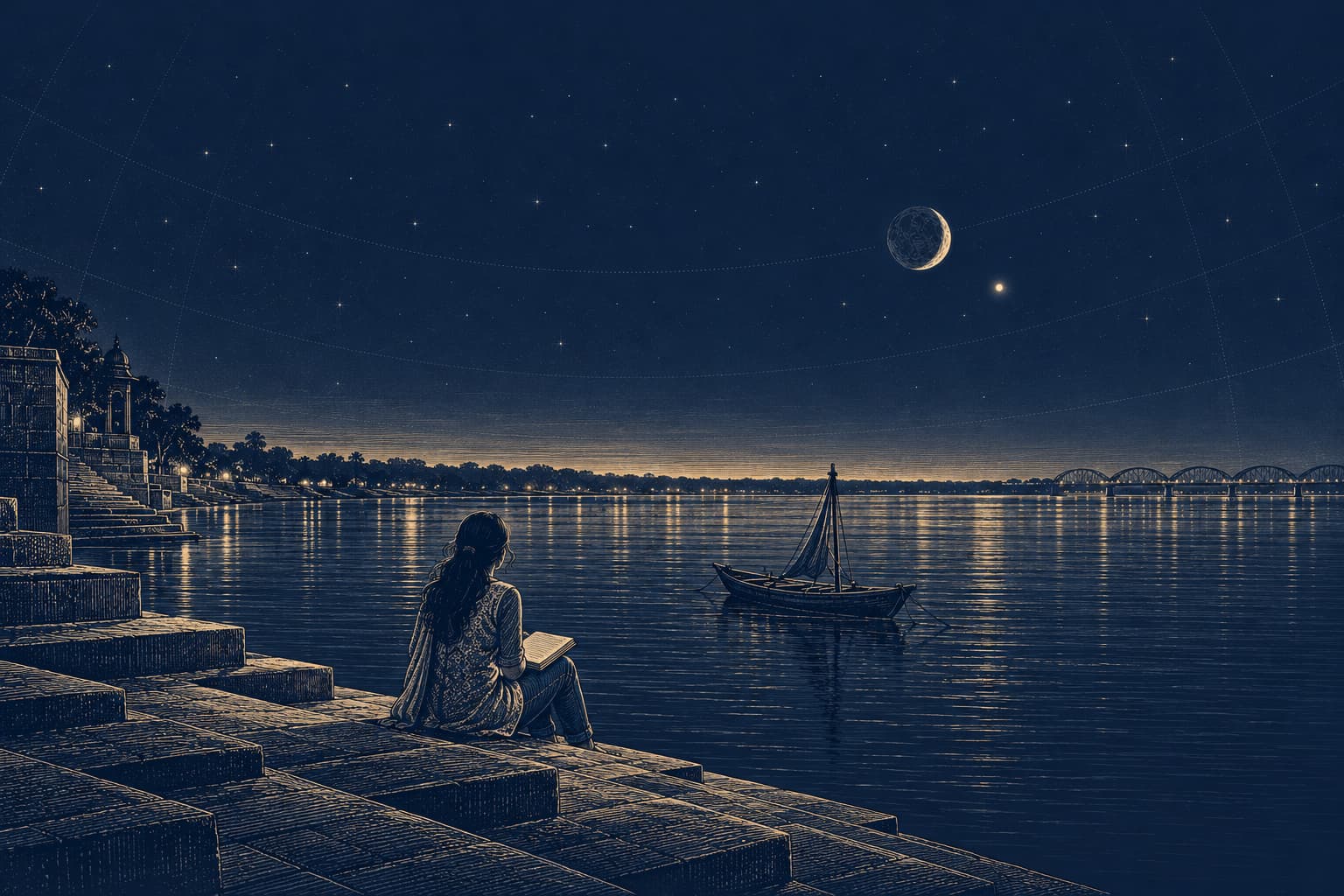 A young woman seen from behind on the Godavari ghat steps at Rajahmundry with a notebook, a country boat on the river, the crescent Moon and Venus above