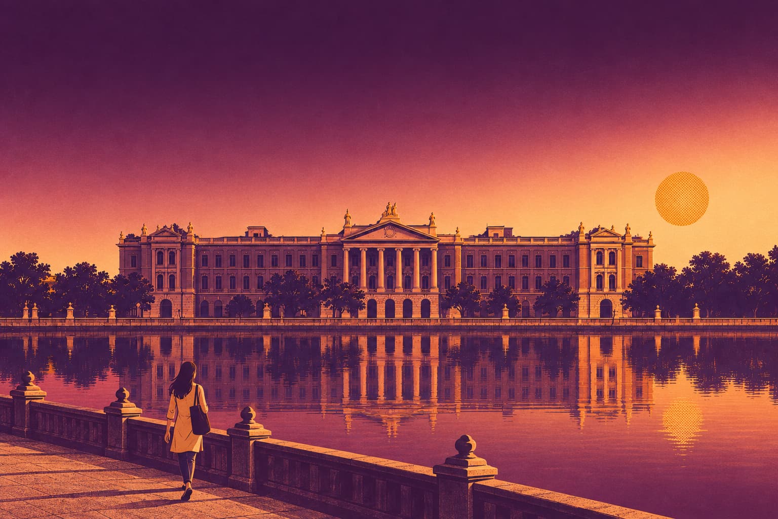 The Writers' Building in Kolkata at sunrise, the Sun a saffron disc above the trees on the right, and a young woman in a kurta and jeans with an office tote walking along the Lal Dighi embankment toward it