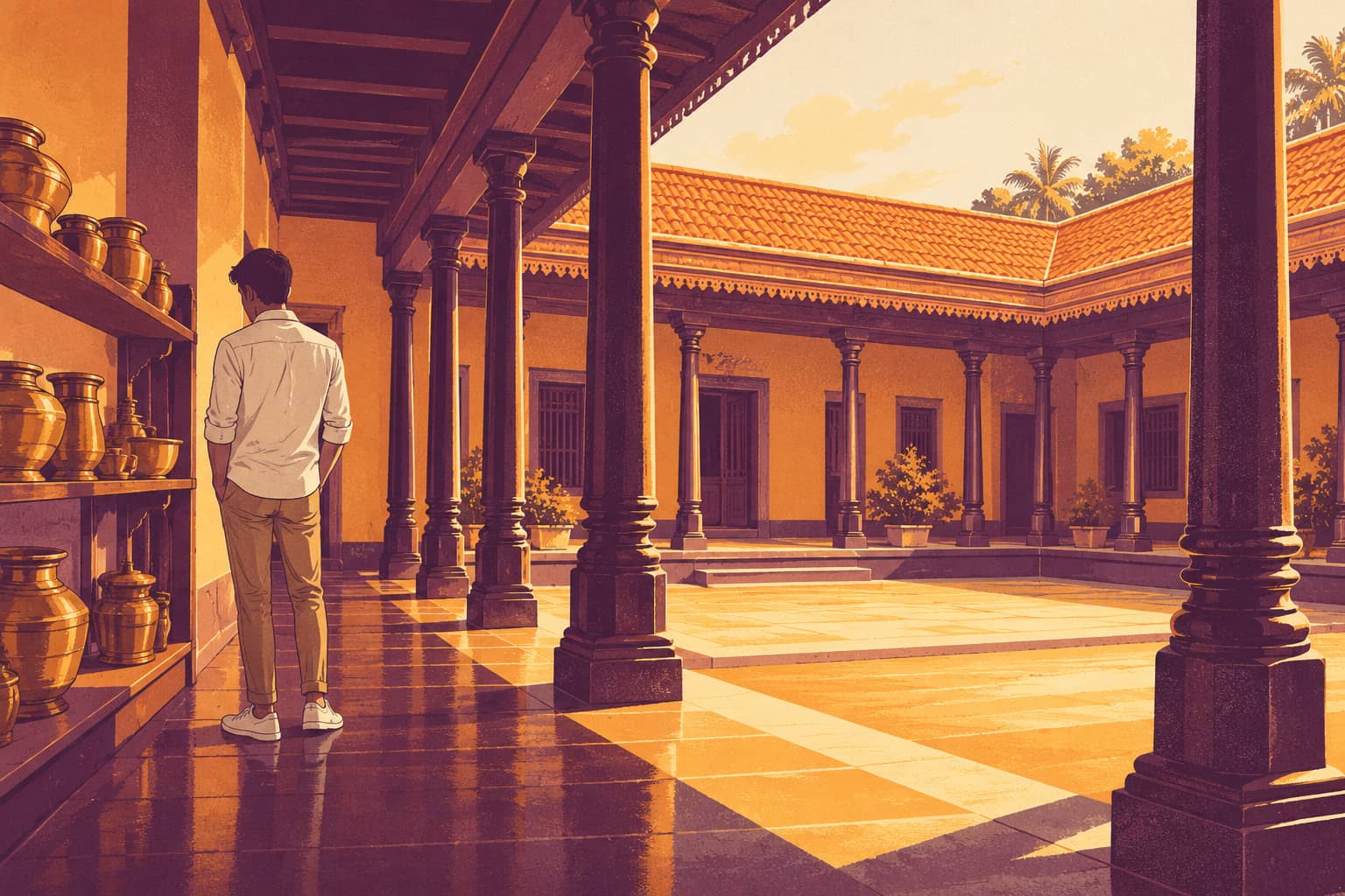 A young man in a white shirt and chinos, seen from behind, looks at shelves of old brass vessels in the pillared courtyard of a Chettinad mansion in morning light.