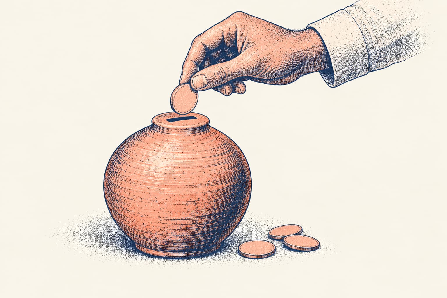 A young man's hand in a shirt cuff drops a coin into the slot of a round clay money pot, with three coins on the ground beside it.
