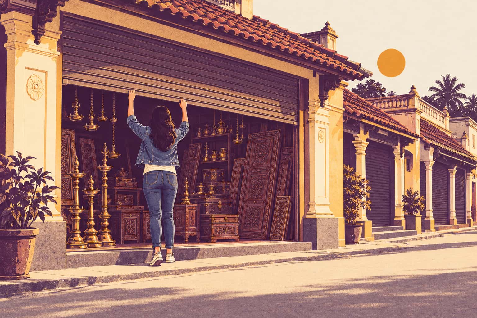 A young woman in jeans and a denim jacket, seen from behind, pushes up the shutter of her own antiques shop on a quiet Karaikudi street at sunrise.