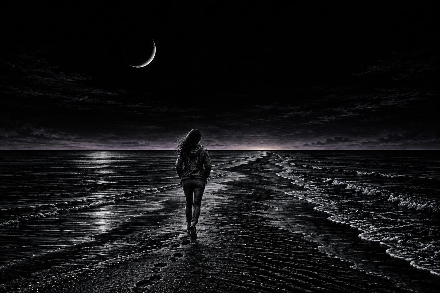 A young woman in a windbreaker and jeans walking along the Dhanushkodi sand spit toward Arichal Munai before dawn, a thin crescent Moon above and the first light on the horizon