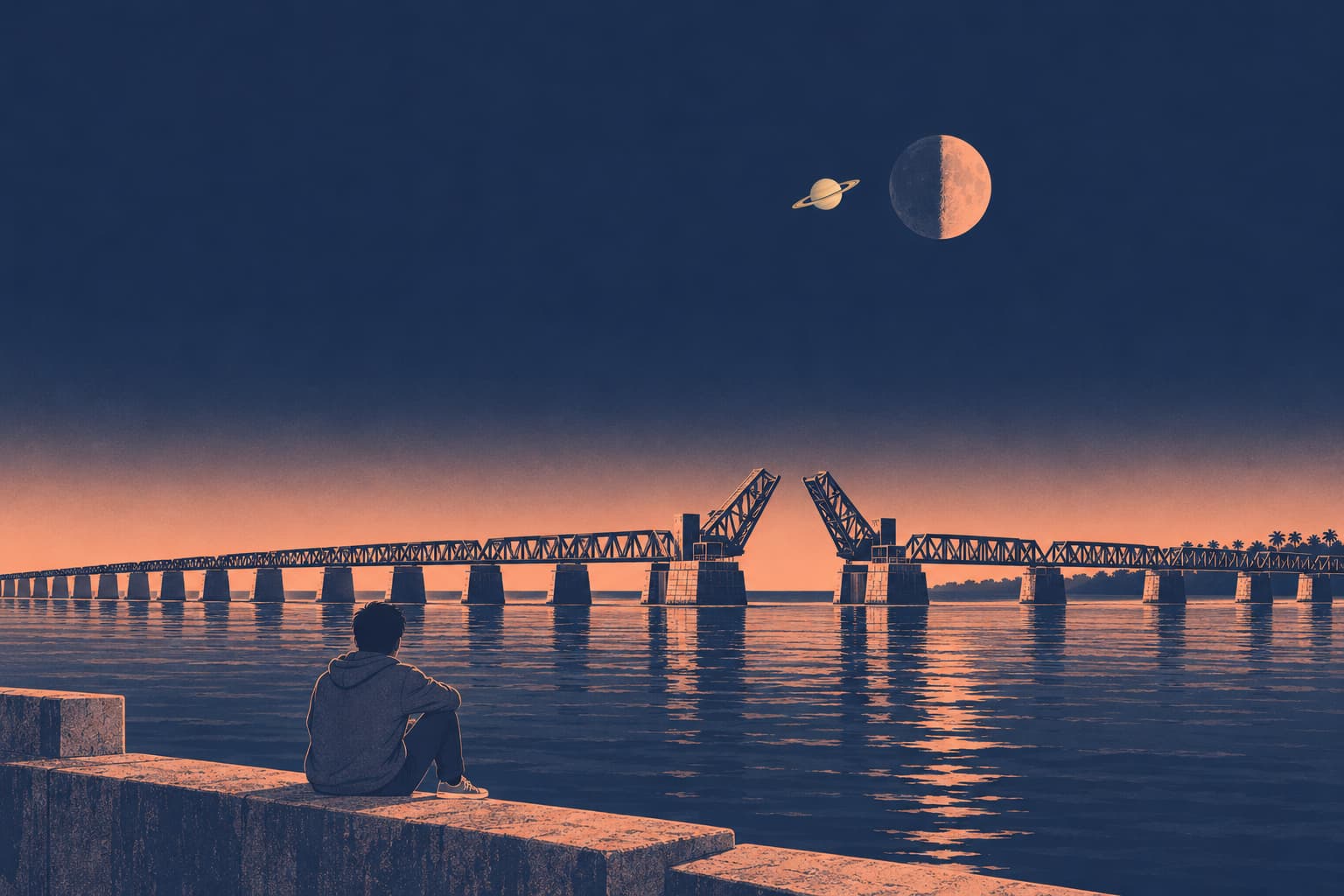 The Moon with Saturn close beside it over the Pamban sea bridge to Rameswaram at night, a young man in a hoodie sitting on the sea wall below
