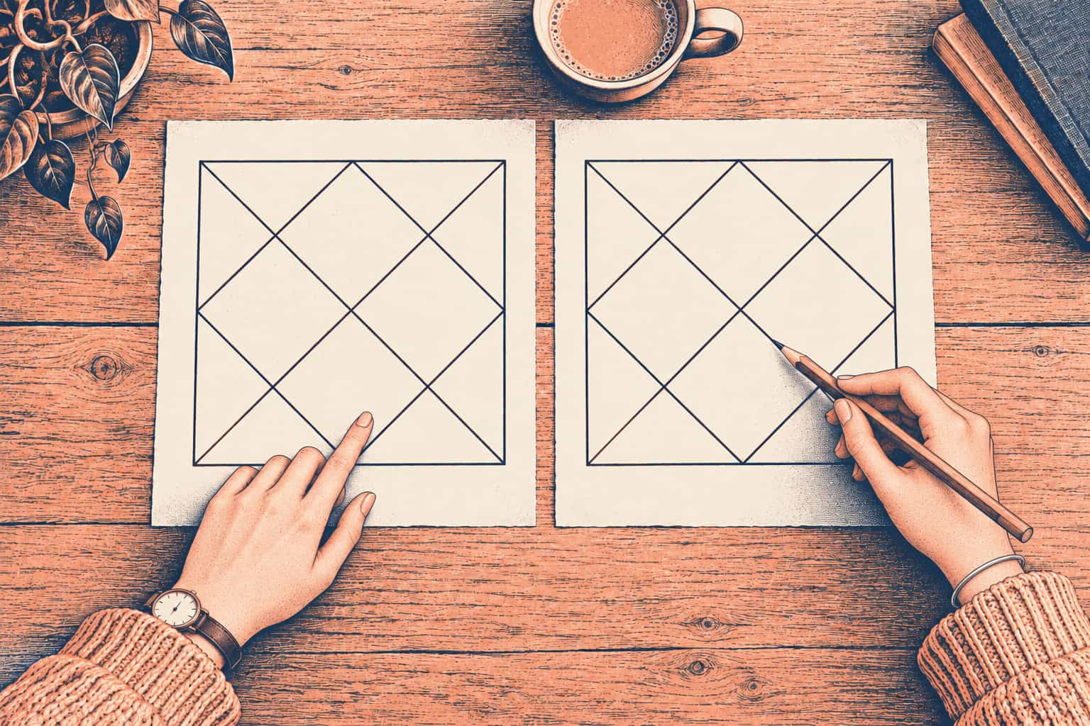 A young woman's hands on a wooden desk, one pointing at an empty North Indian chart grid and the other holding a pencil over a second grid beside it