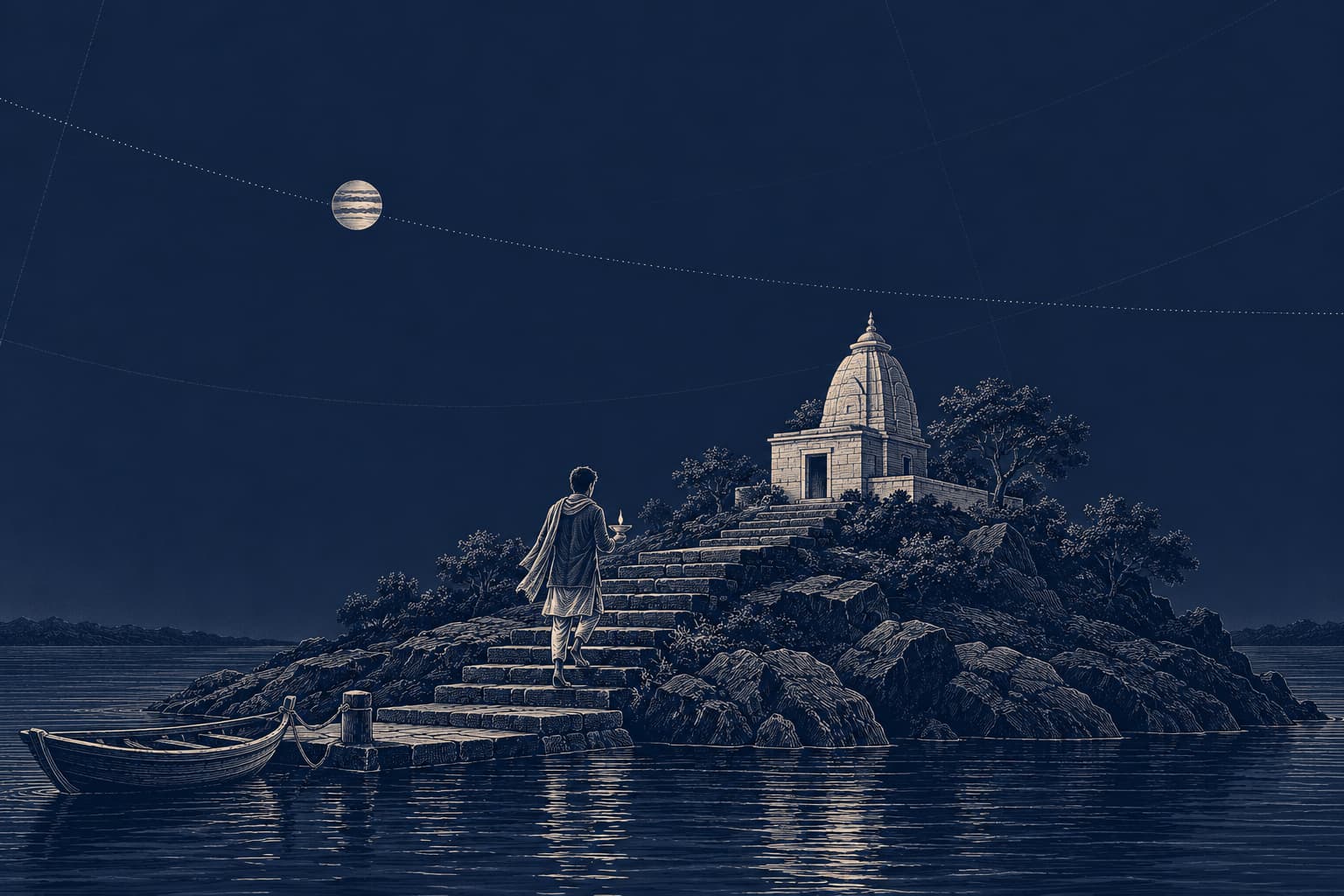 A young person climbing the stone steps to the small temple on Kalijai island in Chilika Lake before dawn, carrying a brass lamp, with Jupiter low in the western sky