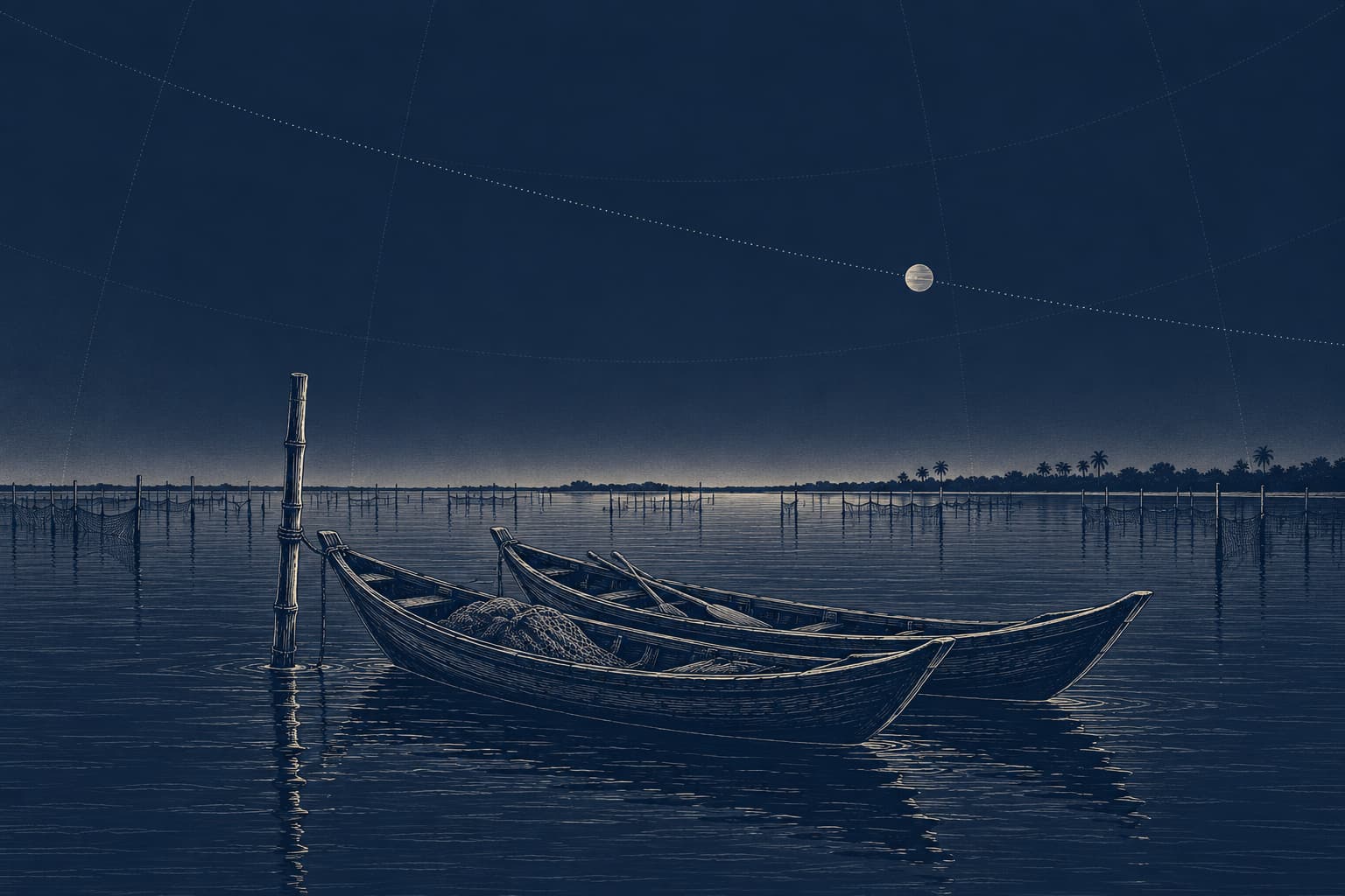 Two wooden fishing boats moored side by side at one bamboo pole on Chilika Lake before dawn, with Venus low in the eastern sky