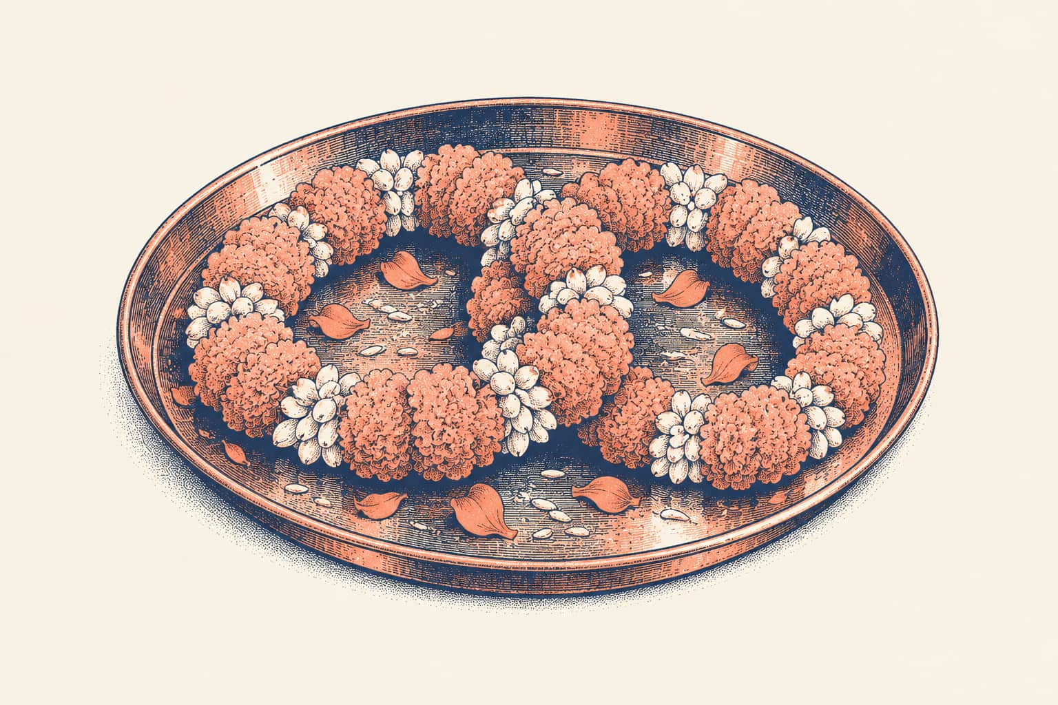 Two marigold and jasmine wedding garlands coiled side by side on a round brass plate with a few loose petals and grains of rice