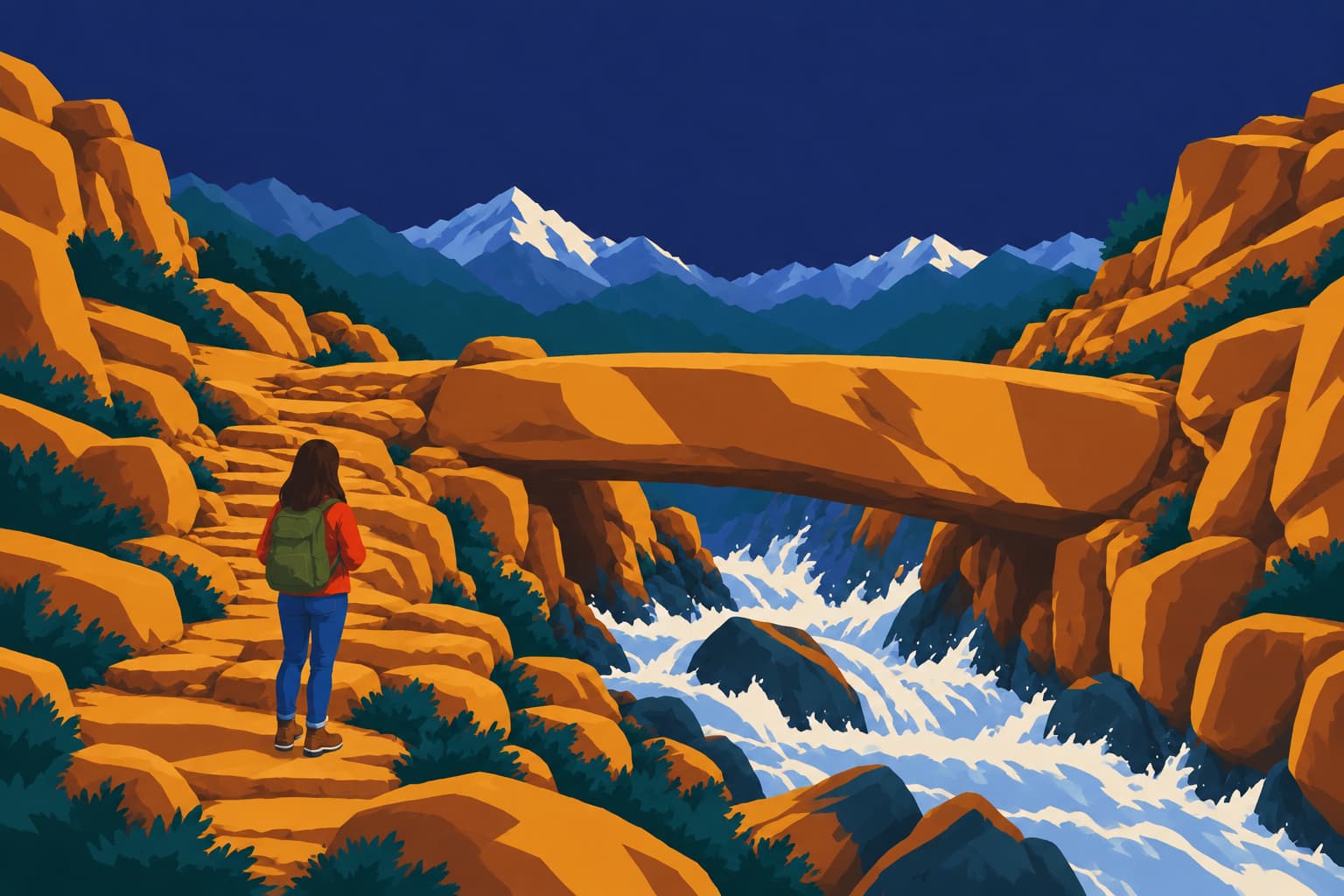 A young woman in a vermilion jacket, jeans and an olive backpack, seen from behind on a stone path, looking at Bhim Pul at Mana, a huge ochre rock slab spanning the gorge of the Saraswati river at night, with white water below and snow peaks behind